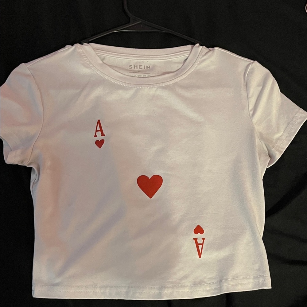 SHEIN White Tee with Red Heart and Ace Design